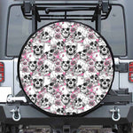 Pink Flowers Skull Pattern Print Leather Spare Tire Cover