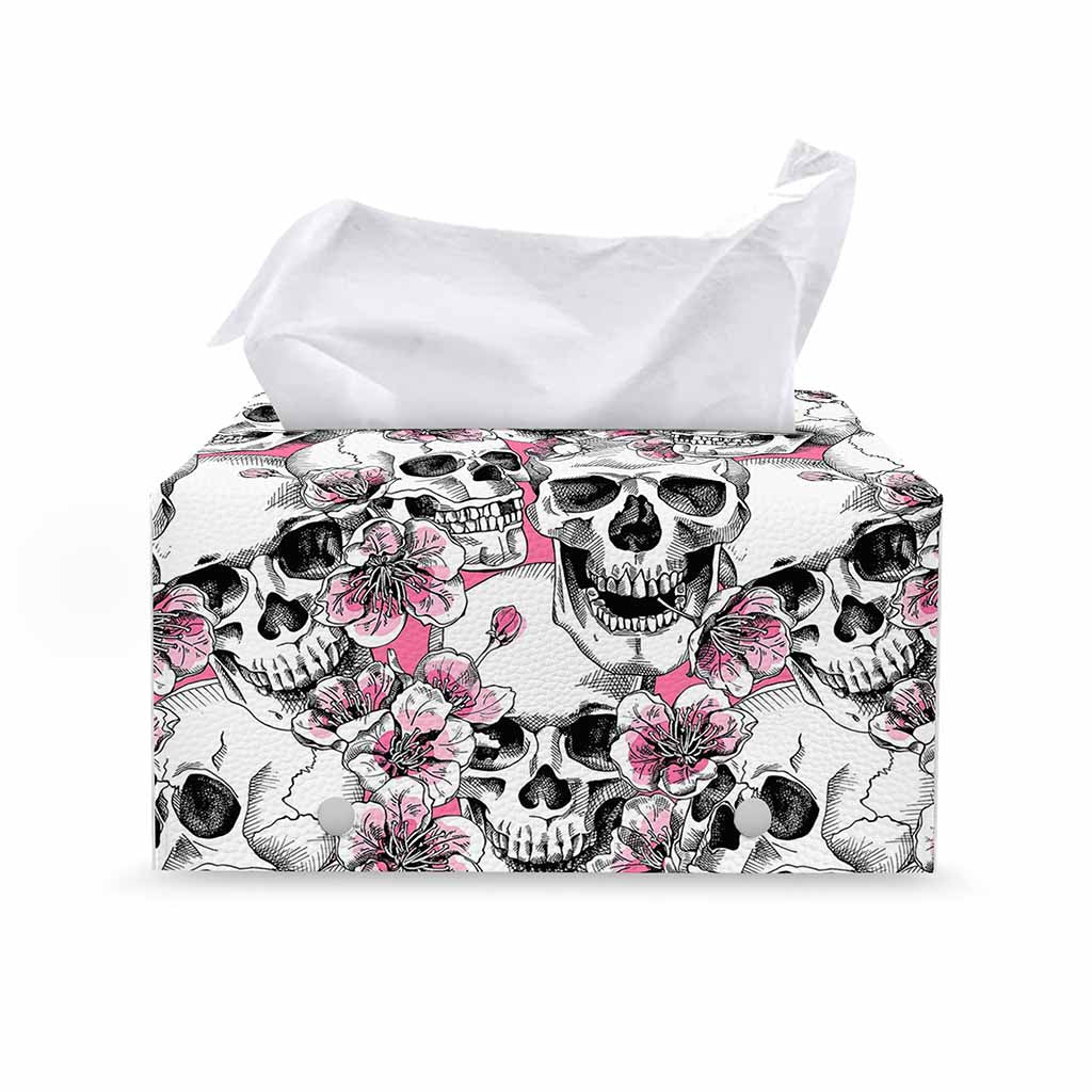 Pink Flowers Skull Pattern Print Leather Tissue Box Cover