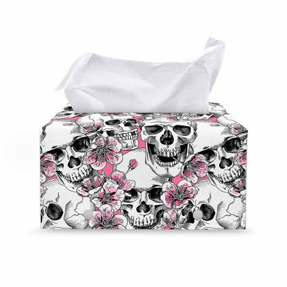 Pink Flowers Skull Pattern Print Leather Tissue Box Cover