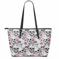 Pink Flowers Skull Pattern Print Leather Tote Bag With Zipper