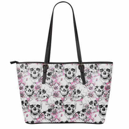 Pink Flowers Skull Pattern Print Leather Tote Bag