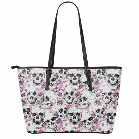 Pink Flowers Skull Pattern Print Leather Tote Bag