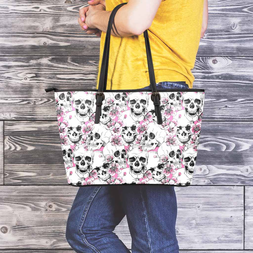 Pink Flowers Skull Pattern Print Leather Tote Bag