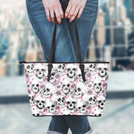 Pink Flowers Skull Pattern Print Leather Tote Bag
