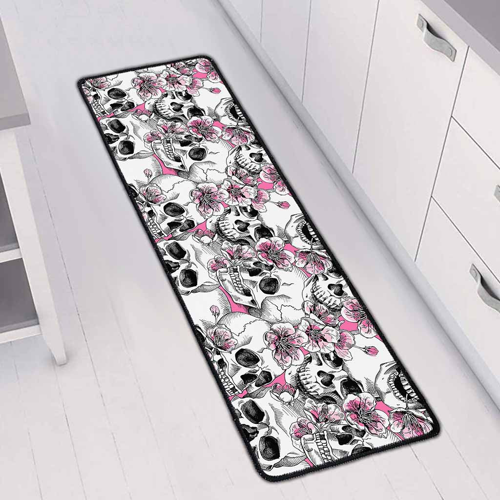 Pink Flowers Skull Pattern Print Long Kitchen Mat
