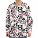 Pink Flowers Skull Pattern Print Long Sleeve Baseball Jersey