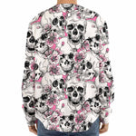 Pink Flowers Skull Pattern Print Long Sleeve Baseball Jersey