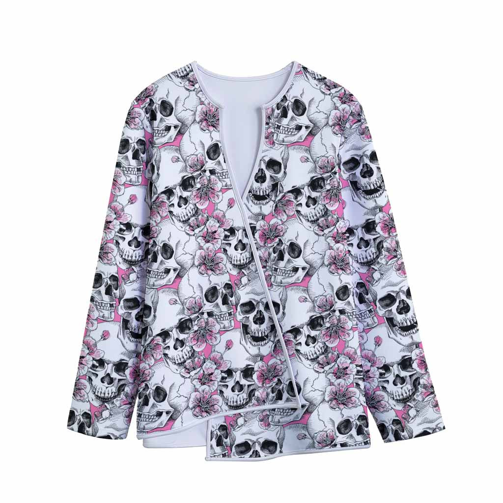 Pink Flowers Skull Pattern Print Long Sleeve Short Coat