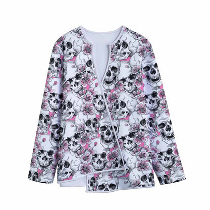 Pink Flowers Skull Pattern Print Long Sleeve Short Coat
