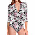 Pink Flowers Skull Pattern Print Long Sleeve Swimsuit