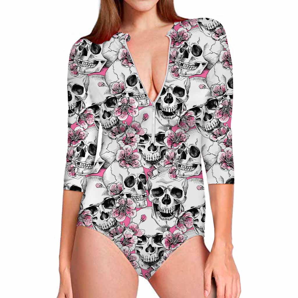 Pink Flowers Skull Pattern Print Long Sleeve Swimsuit