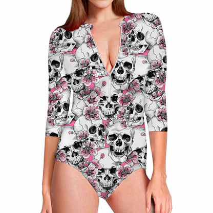 Pink Flowers Skull Pattern Print Long Sleeve Swimsuit