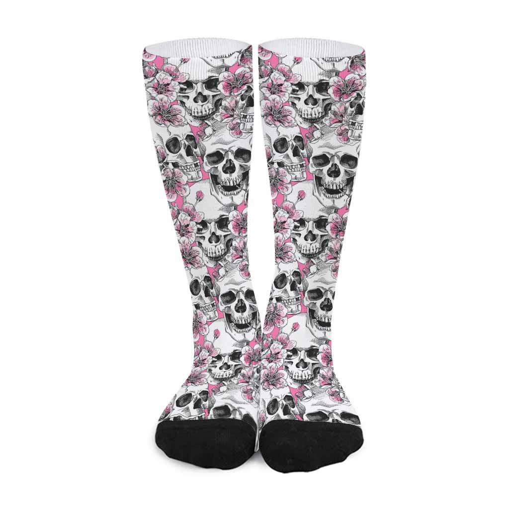 Pink Flowers Skull Pattern Print Long Socks