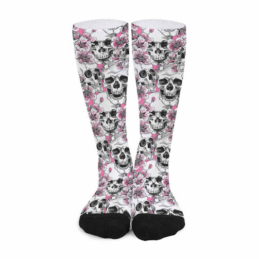 Pink Flowers Skull Pattern Print Long Socks