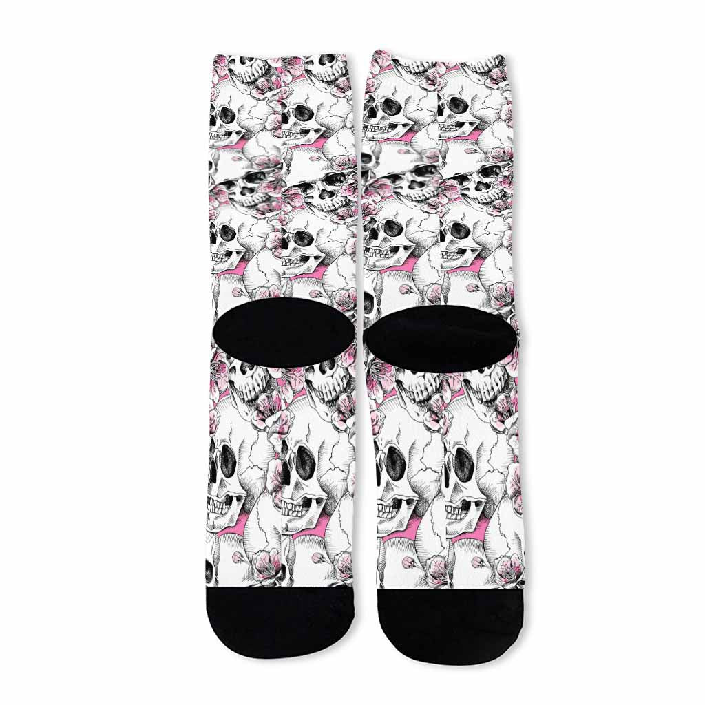 Pink Flowers Skull Pattern Print Long Socks