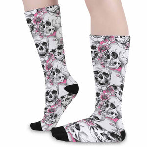 Pink Flowers Skull Pattern Print Long Socks