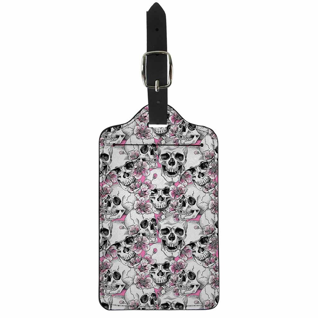 Pink Flowers Skull Pattern Print Luggage Tag