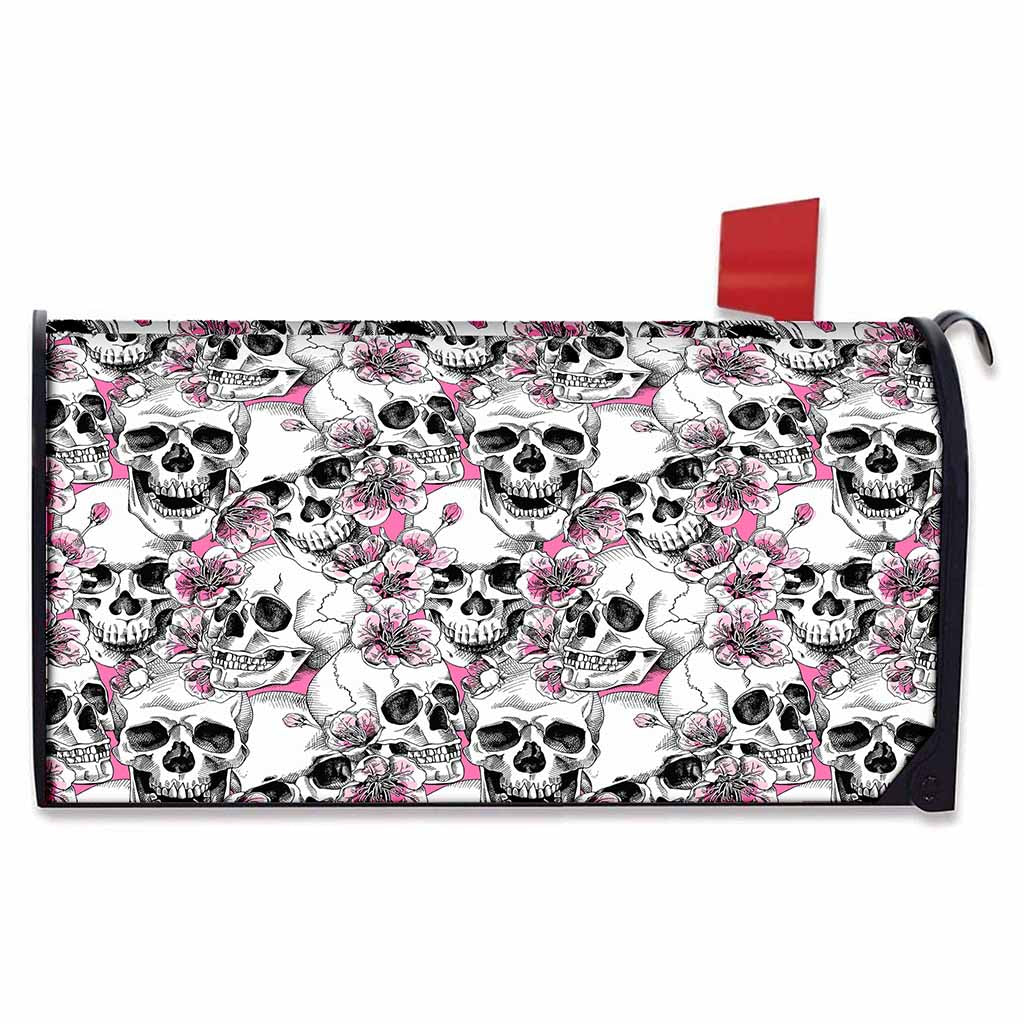 Pink Flowers Skull Pattern Print Mailbox Cover