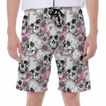 Pink Flowers Skull Pattern Print Men's Beach Shorts