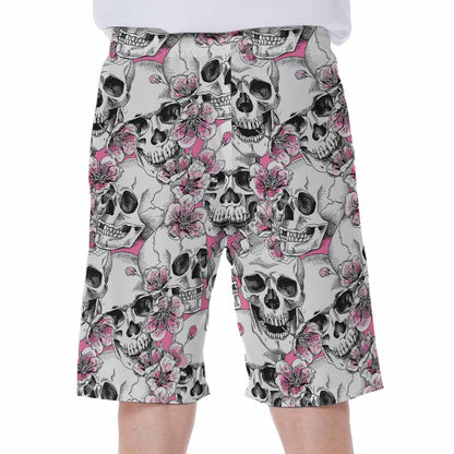 Pink Flowers Skull Pattern Print Men's Beach Shorts