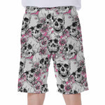 Pink Flowers Skull Pattern Print Men's Beach Shorts