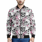 Pink Flowers Skull Pattern Print Men's Bomber Jacket