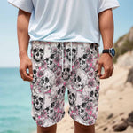 Pink Flowers Skull Pattern Print Men's Cargo Shorts