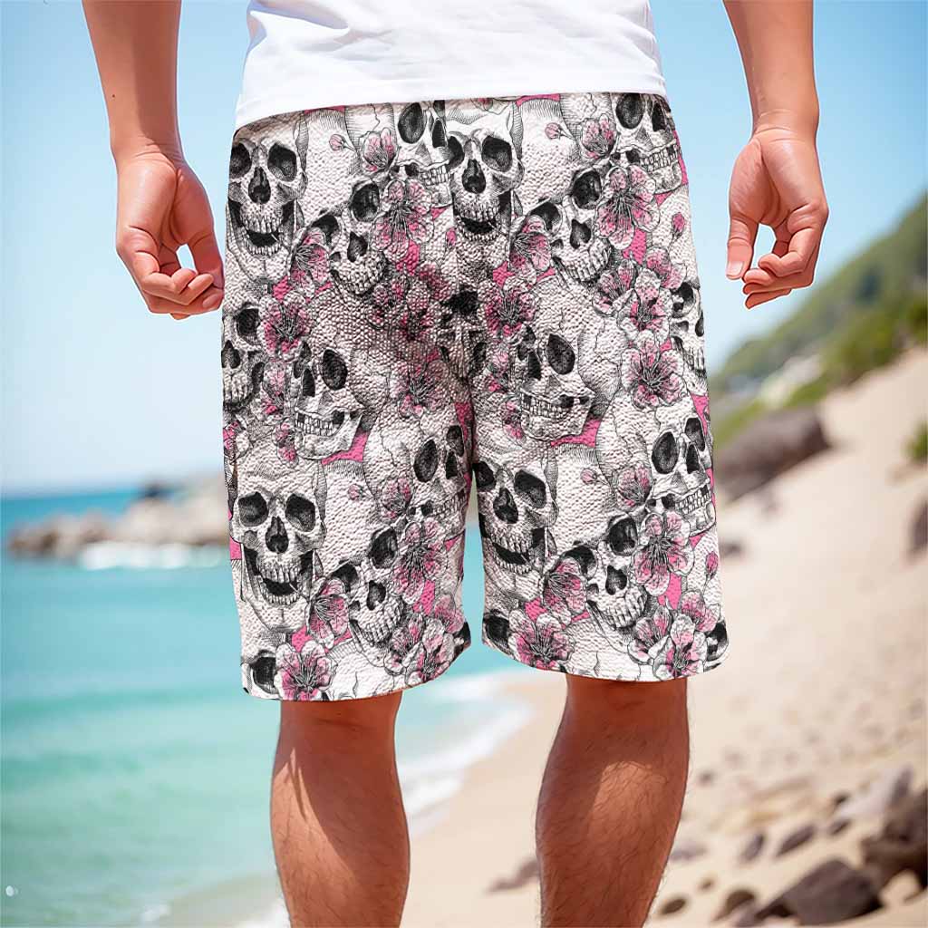 Pink Flowers Skull Pattern Print Men's Cargo Shorts