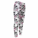 Pink Flowers Skull Pattern Print Men's Compression Pants
