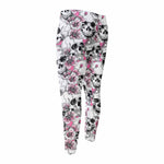 Pink Flowers Skull Pattern Print Men's Compression Pants