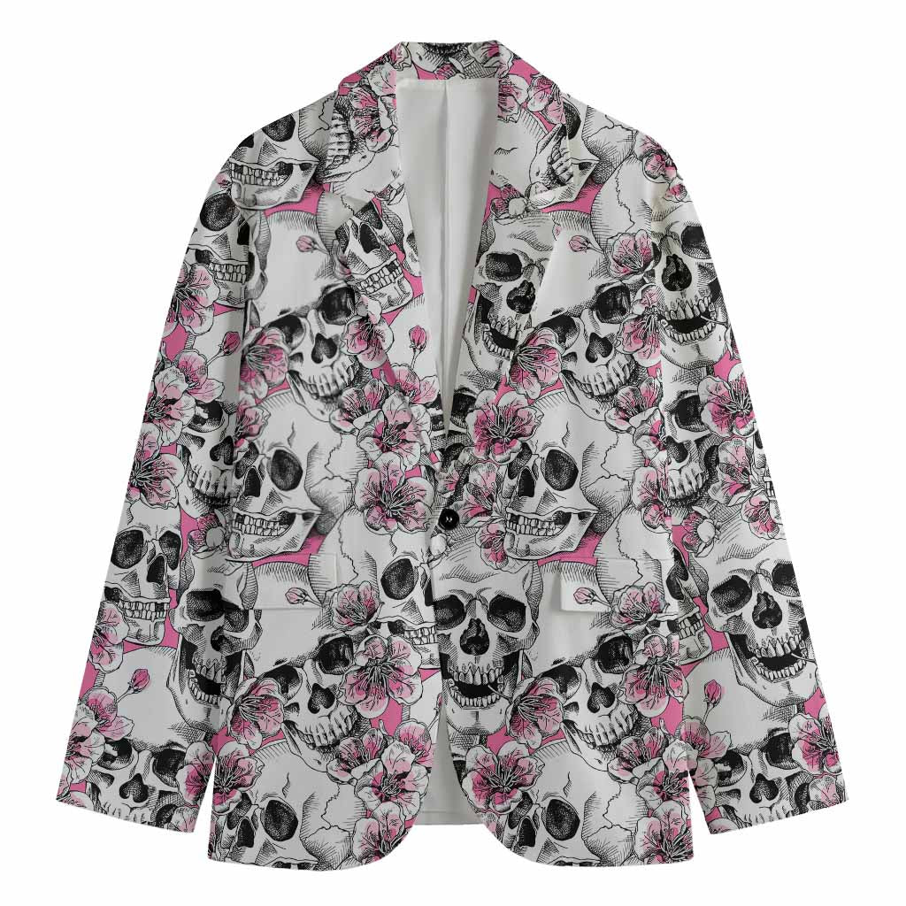 Pink Flowers Skull Pattern Print Men's Cotton Blazer