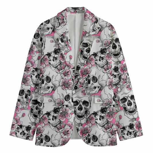Pink Flowers Skull Pattern Print Men's Cotton Blazer