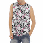 Pink Flowers Skull Pattern Print Men's Fitness Tank Top