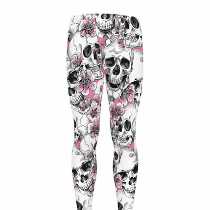 Pink Flowers Skull Pattern Print Men's leggings