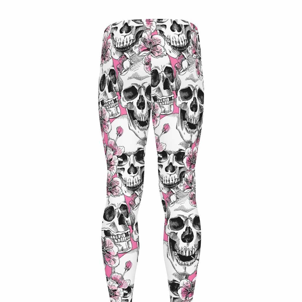 Pink Flowers Skull Pattern Print Men's leggings