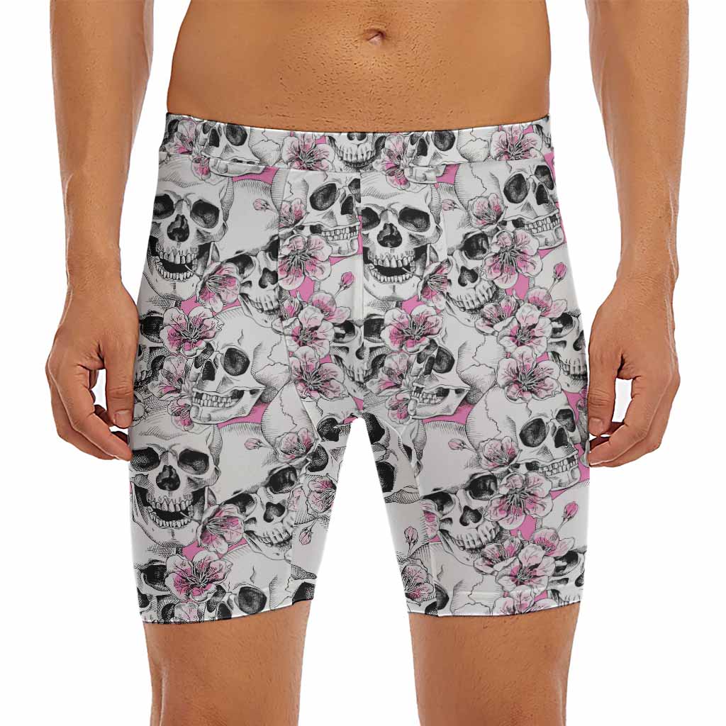 Pink Flowers Skull Pattern Print Men's Long Boxer Briefs