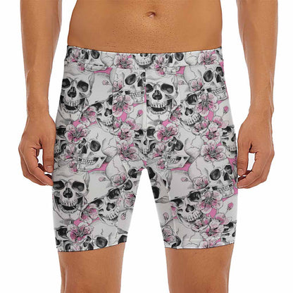 Pink Flowers Skull Pattern Print Men's Long Boxer Briefs