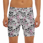Pink Flowers Skull Pattern Print Men's Long Boxer Briefs