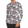 Pink Flowers Skull Pattern Print Men's Long Sleeve Rash Guard