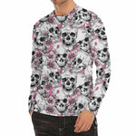 Pink Flowers Skull Pattern Print Men's Long Sleeve Rash Guard