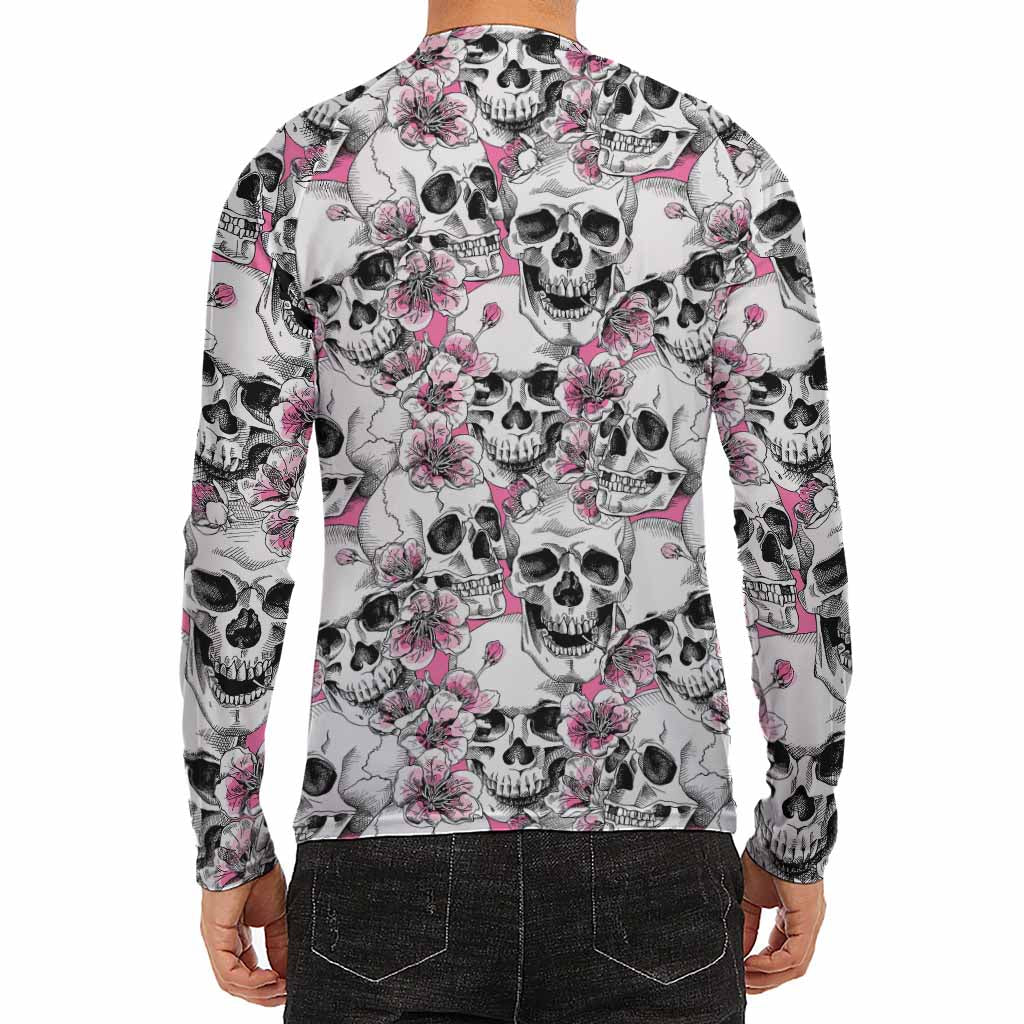 Pink Flowers Skull Pattern Print Men's Long Sleeve Rash Guard