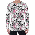 Pink Flowers Skull Pattern Print Men's Long Sleeve T-Shirt