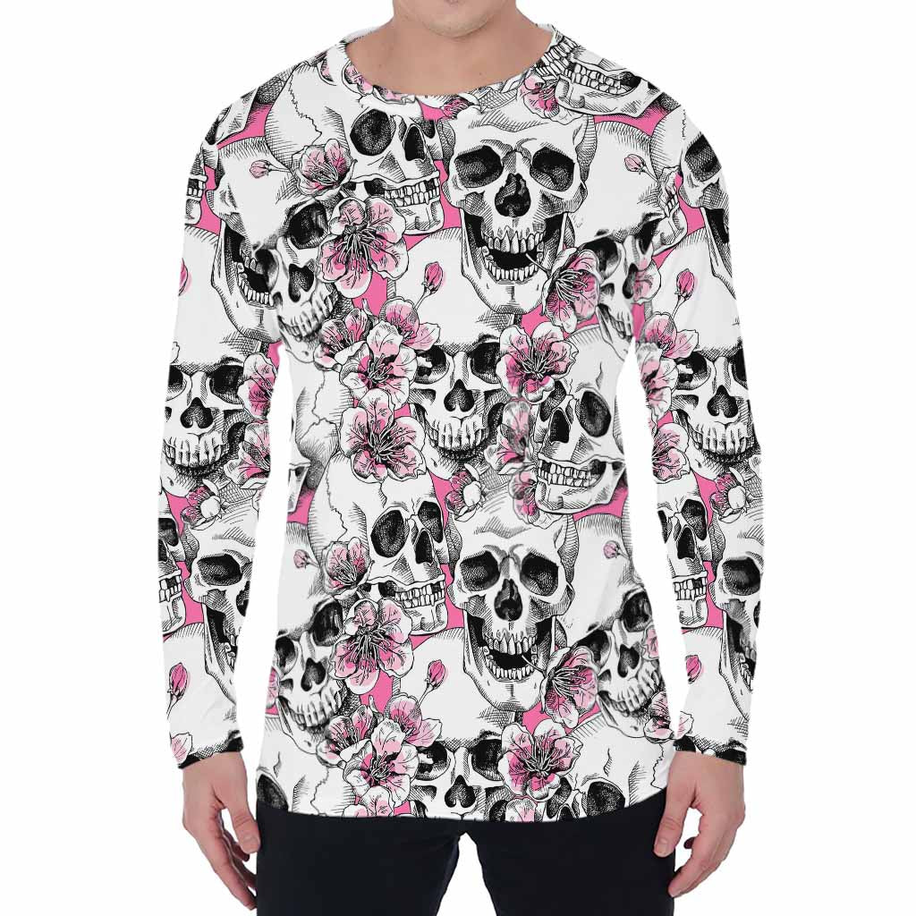 Pink Flowers Skull Pattern Print Men's Long Sleeve T-Shirt