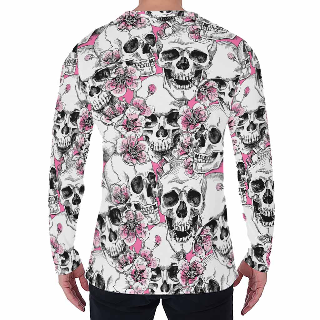 Pink Flowers Skull Pattern Print Men's Long Sleeve T-Shirt