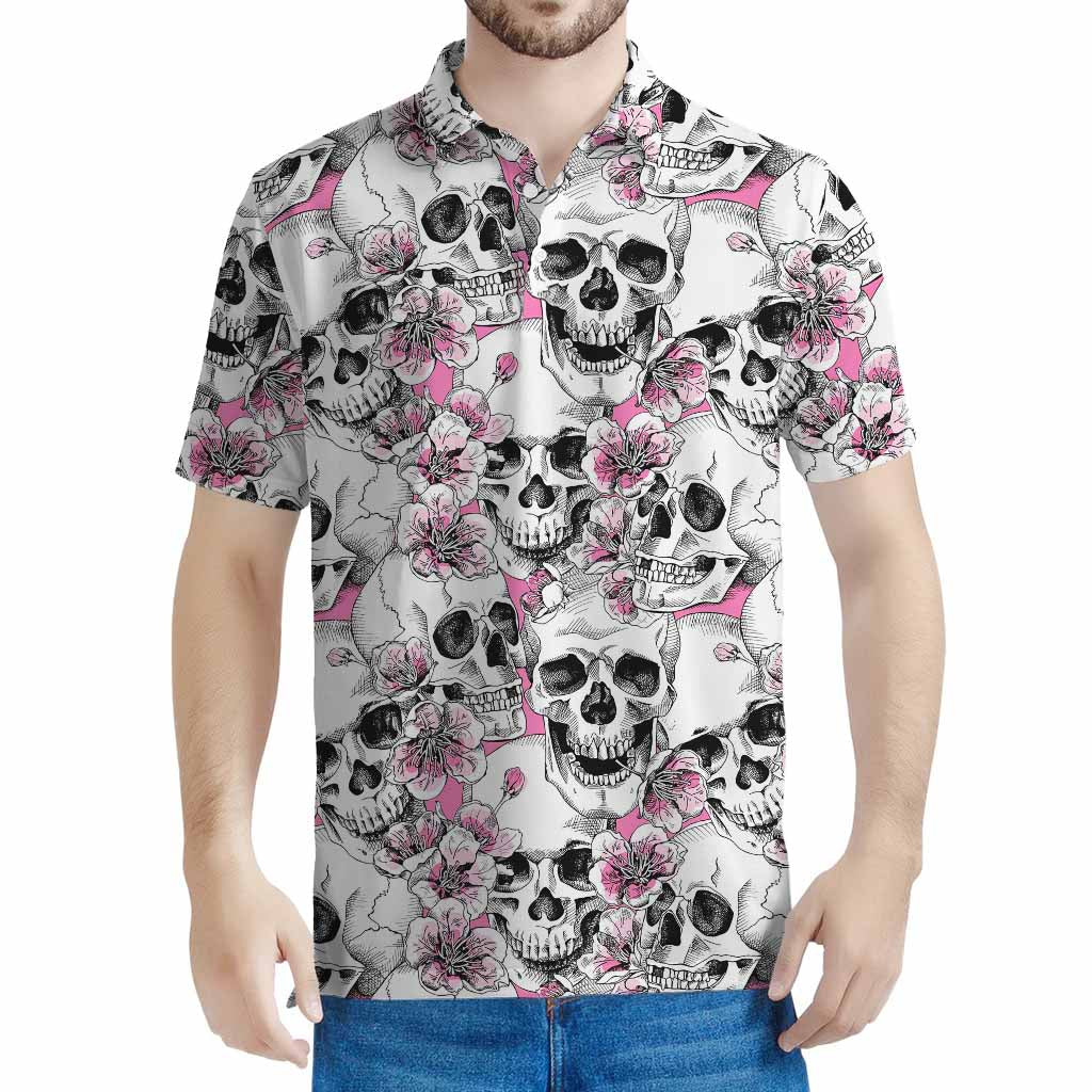 Pink Flowers Skull Pattern Print Men's Polo Shirt