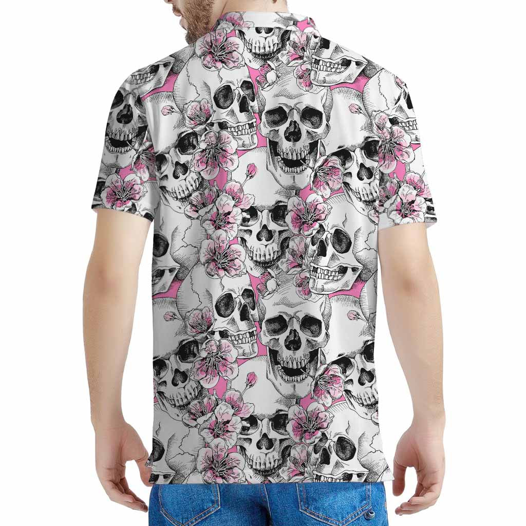 Pink Flowers Skull Pattern Print Men's Polo Shirt
