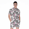 Pink Flowers Skull Pattern Print Men's Romper
