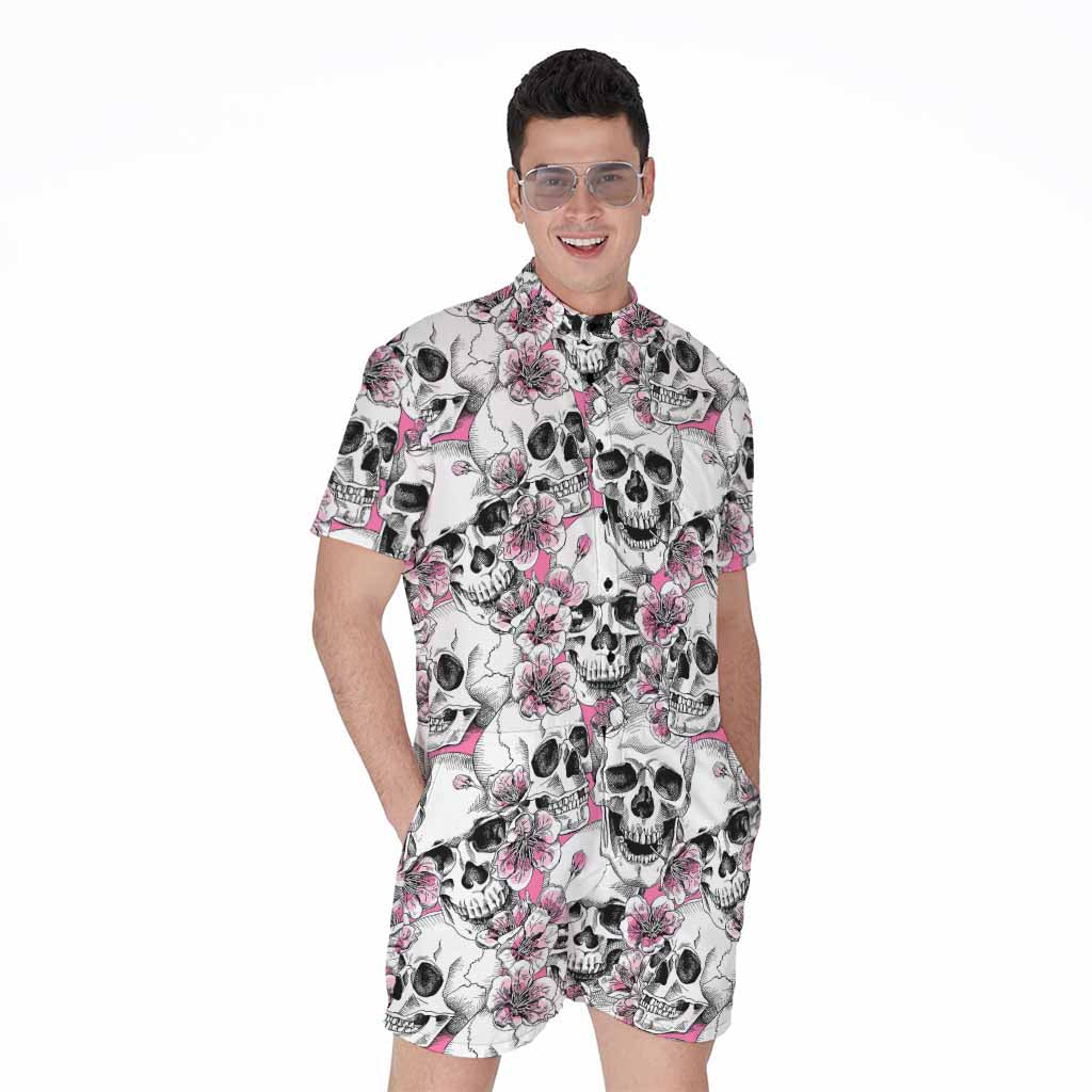 Pink Flowers Skull Pattern Print Men's Rompers