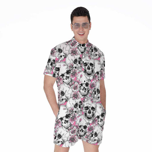 Pink Flowers Skull Pattern Print Men's Rompers