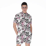 Pink Flowers Skull Pattern Print Men's Rompers